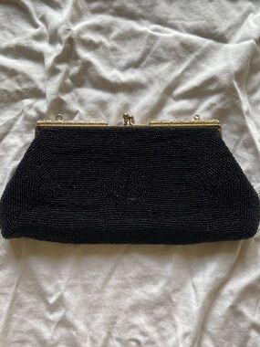 Black Beaded Evening Clutch with Gold Frame